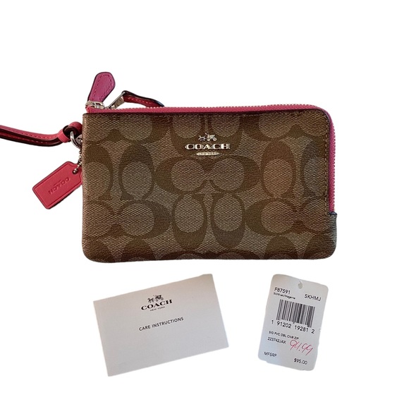 COACH Wristlet Wallet Signature Logo Medium F87591 Khaki/Magenta Pink Double Zip - Picture 1 of 6